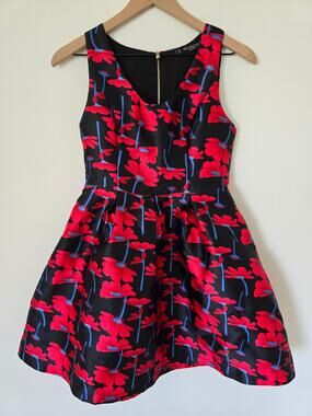 Dao Chloe Dao Black Red Floral Party Dress Size Small Fit & Flare